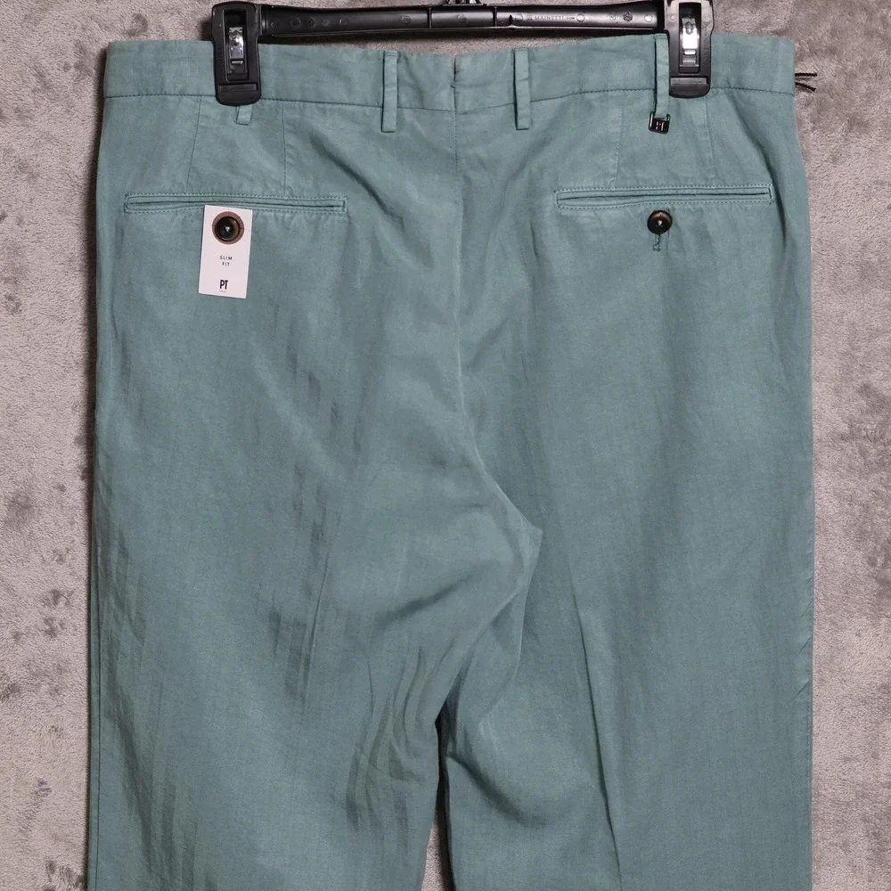 PT Torino Pants Mens 33x36 Green Chino Slim Linen Blend Dress Made in Tunisia